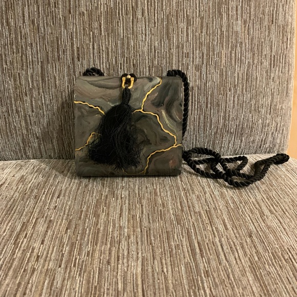 Vintage EUC Timmy Woods MINI wood shoulder bag purse gray/gold - Picture 2 of 8